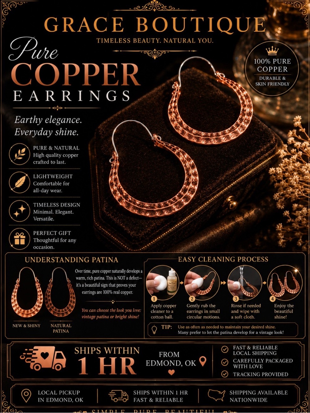 Grace Boutique Pure Copper Hoop Earrings - Shimmering Copper